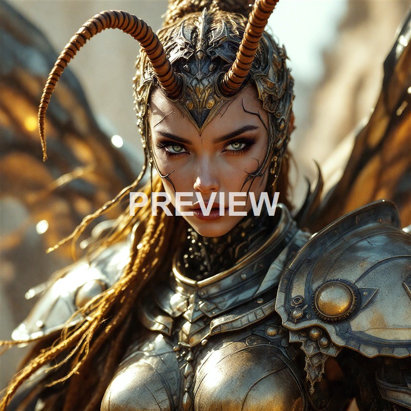 A female warrior with intense eyes wearing elaborate, metallic armor and a crown-like headpiece with horn-like extensions, set against a blurred background.